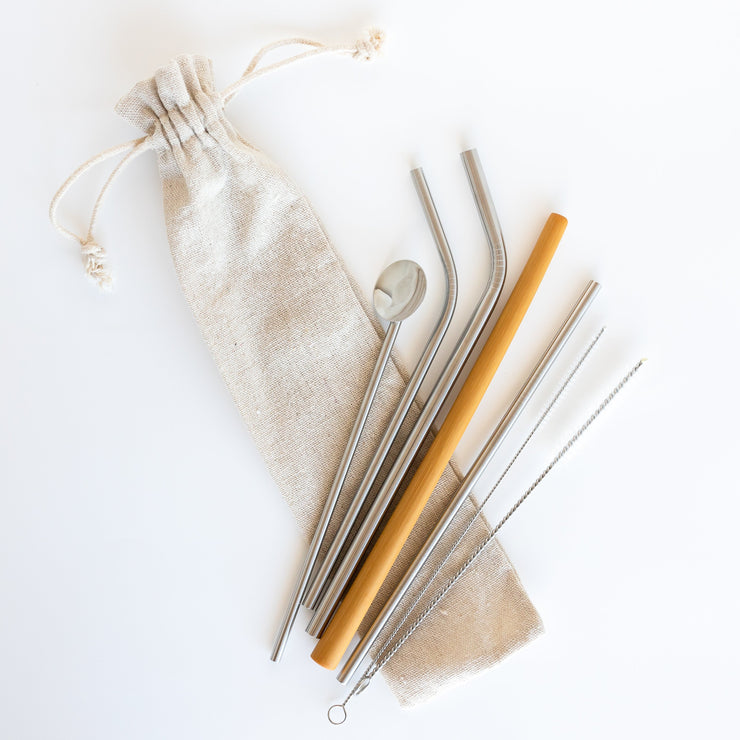 Silver Straw Set with Free Eco Cloth Bag. - Being Co.